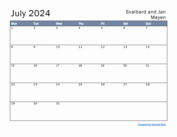 July 2024 Simple Monthly Calendar for Svalbard and Jan Mayen