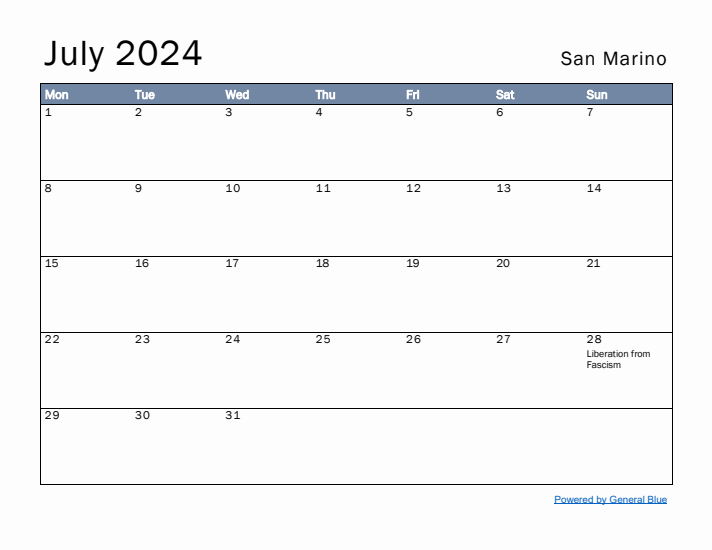 July 2024 Simple Monthly Calendar for San Marino