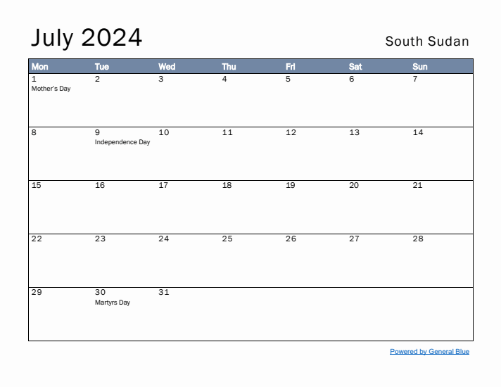 July 2024 Simple Monthly Calendar for South Sudan