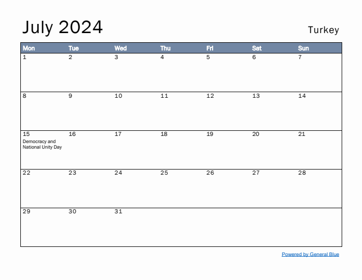 July 2024 Simple Monthly Calendar for Turkey