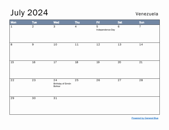 July 2024 Simple Monthly Calendar for Venezuela