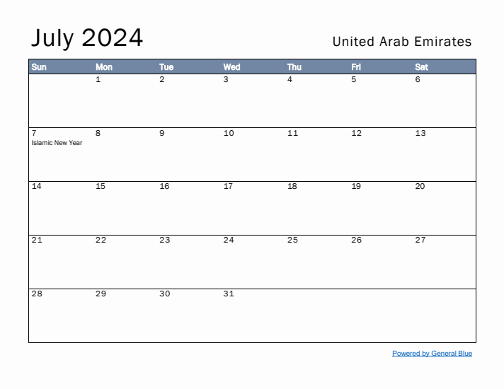 July 2024 Simple Monthly Calendar for United Arab Emirates