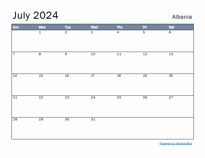 July 2024 Simple Monthly Calendar for Albania