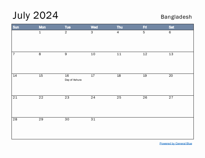 July 2024 Simple Monthly Calendar for Bangladesh