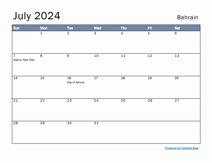 July 2024 Simple Monthly Calendar for Bahrain