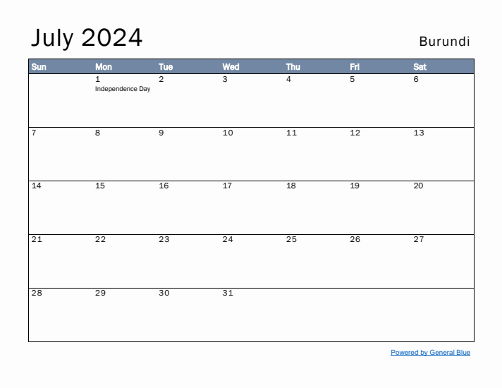 July 2024 Simple Monthly Calendar for Burundi