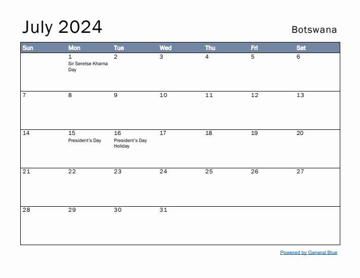 July 2024 Simple Monthly Calendar for Botswana