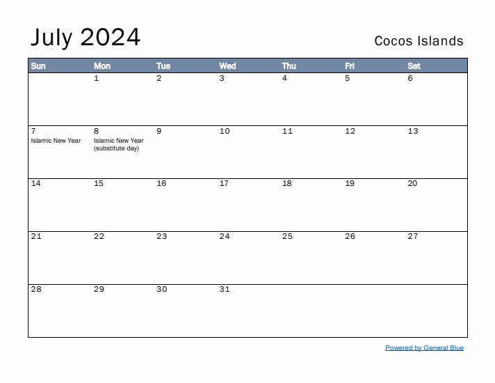 July 2024 Simple Monthly Calendar for Cocos Islands