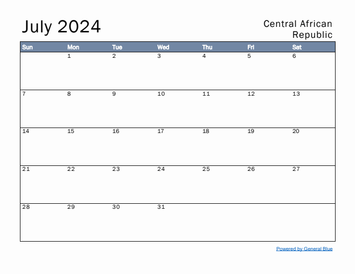 July 2024 Simple Monthly Calendar for Central African Republic