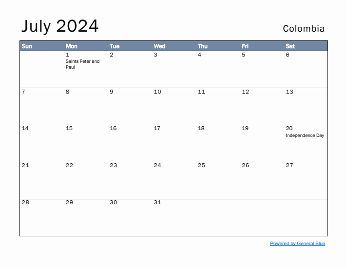 July 2024 Simple Monthly Calendar for Colombia