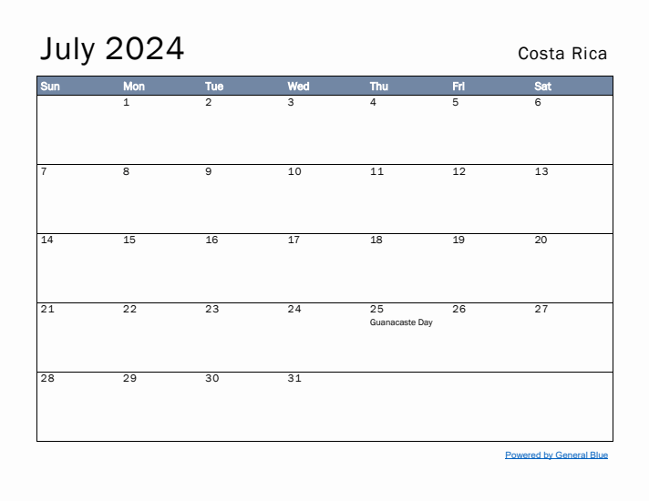 July 2024 Simple Monthly Calendar for Costa Rica