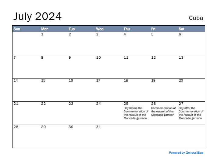 July 2024 Simple Monthly Calendar for Cuba