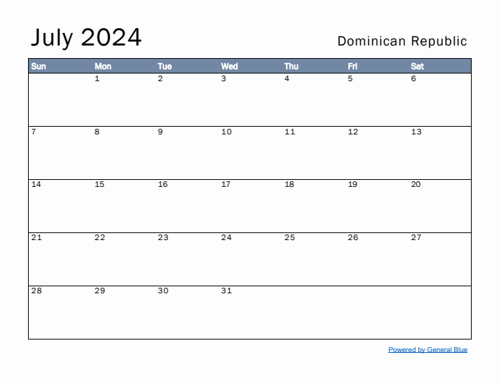 July 2024 Simple Monthly Calendar for Dominican Republic