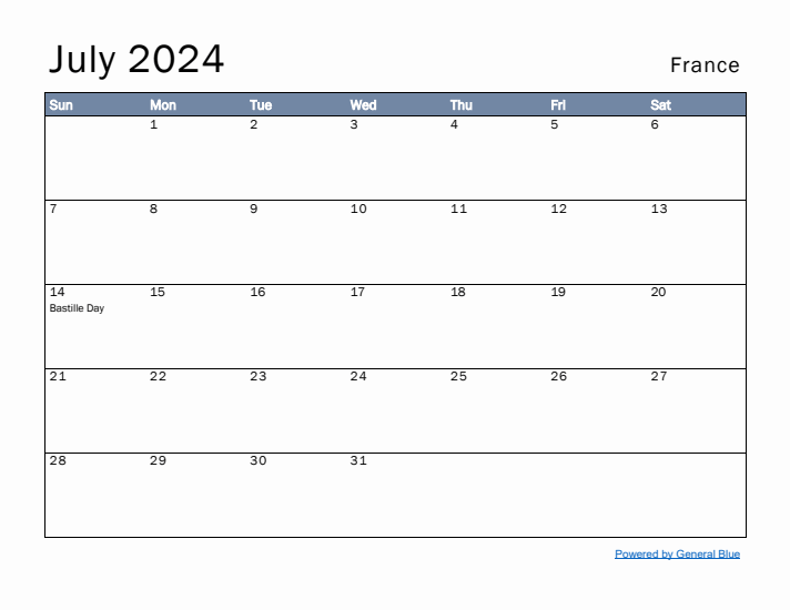 July 2024 Simple Monthly Calendar for France