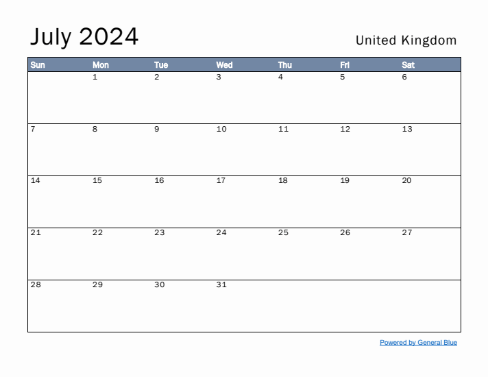 July 2024 Simple Monthly Calendar for United Kingdom