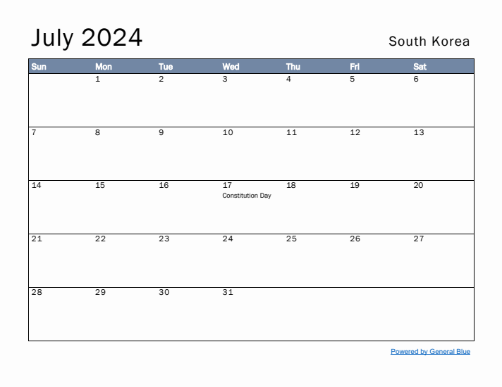 July 2024 Simple Monthly Calendar for South Korea