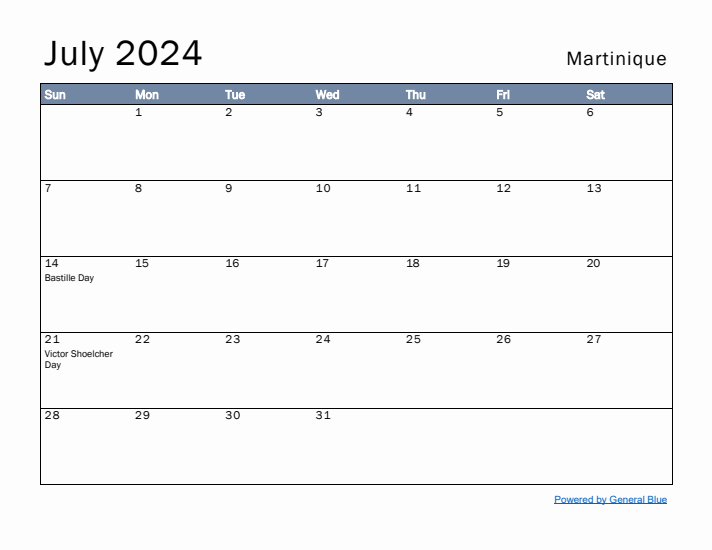 July 2024 Simple Monthly Calendar for Martinique