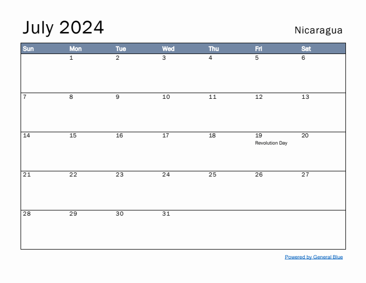 July 2024 Simple Monthly Calendar for Nicaragua