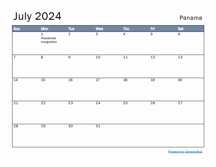 July 2024 Simple Monthly Calendar for Panama