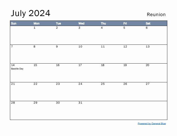 July 2024 Simple Monthly Calendar for Reunion