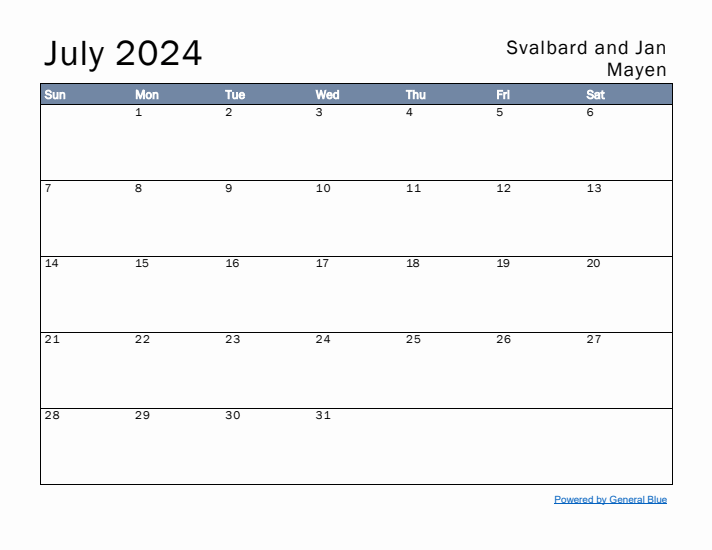 July 2024 Simple Monthly Calendar for Svalbard and Jan Mayen