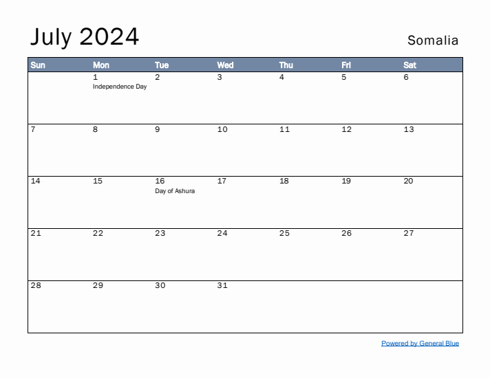 July 2024 Simple Monthly Calendar for Somalia