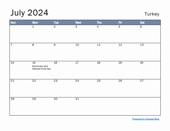 July 2024 Simple Monthly Calendar for Turkey