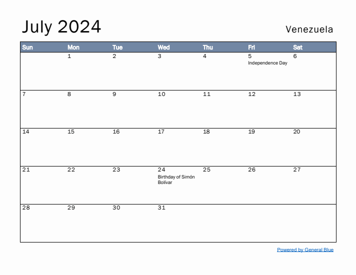 July 2024 Simple Monthly Calendar for Venezuela