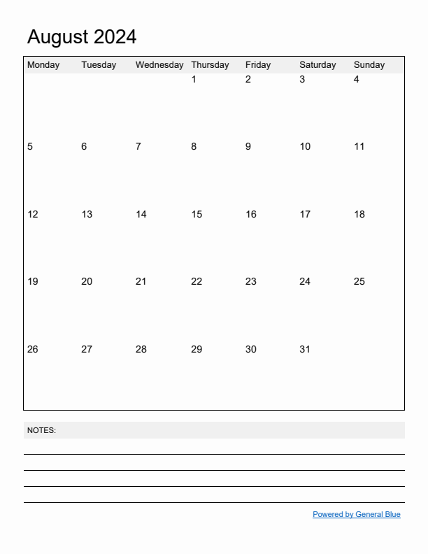 Basic Monthly Calendar Template for August 2024