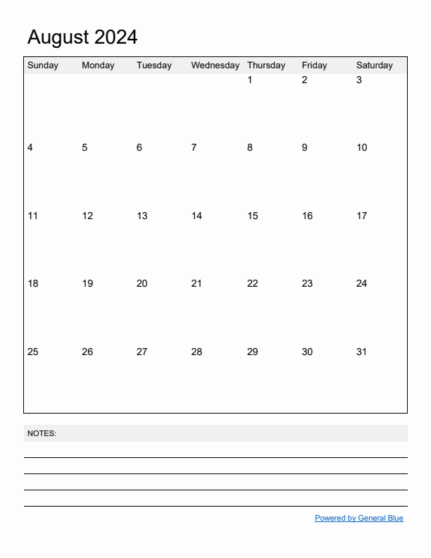 Basic Monthly Calendar Template for August 2024