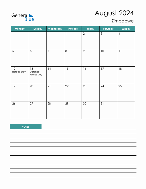 Calendar with Notes Printable - Monday Start