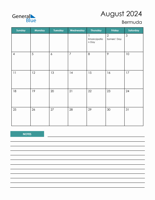 Calendar with Notes Printable - Sunday Start