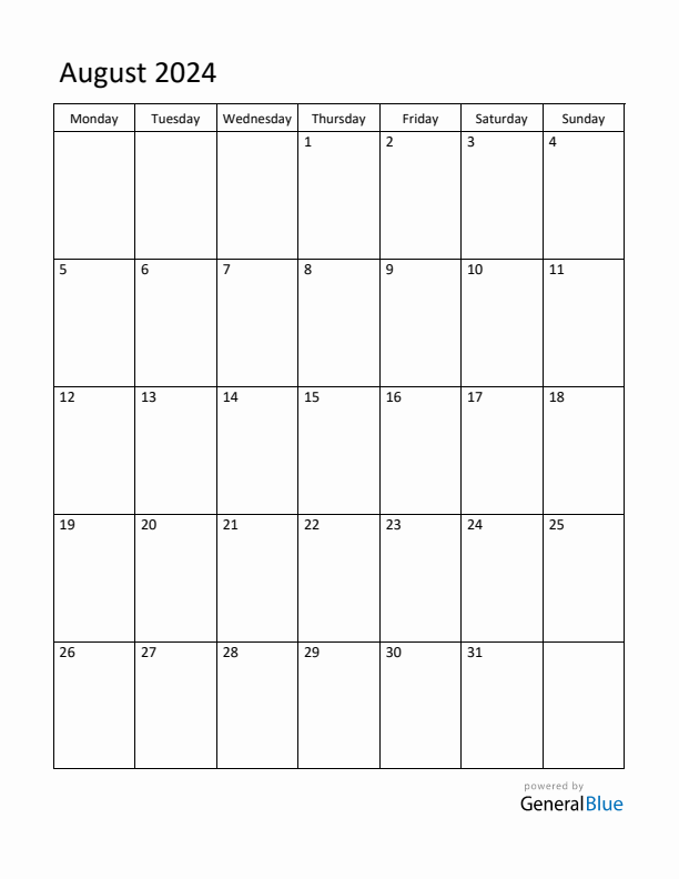 Monday Start Calendar for August 2024