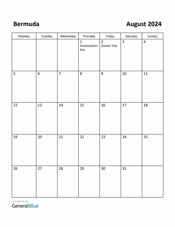 August 2024 Calendar with Bermuda Holidays