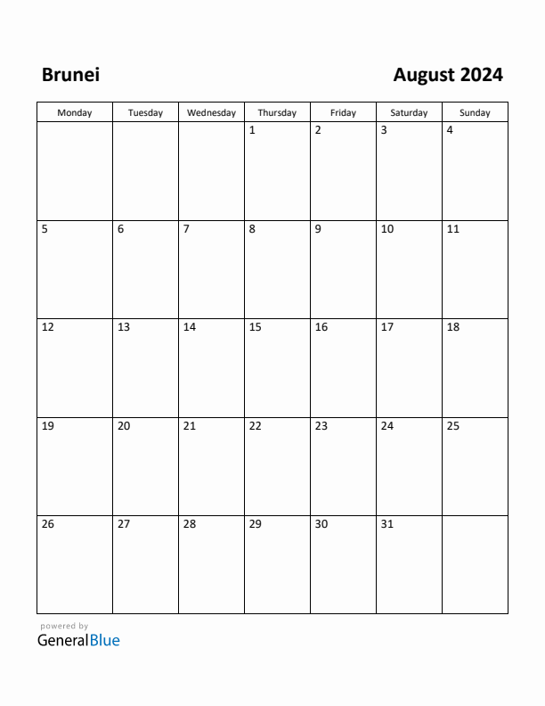 August 2024 Calendar with Brunei Holidays