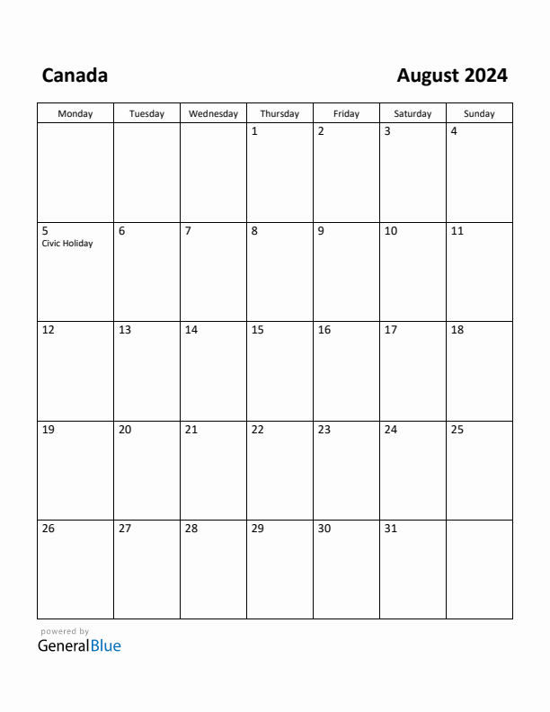 August 2024 Calendar with Canada Holidays