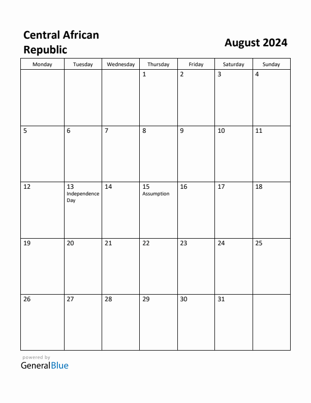 August 2024 Calendar with Central African Republic Holidays