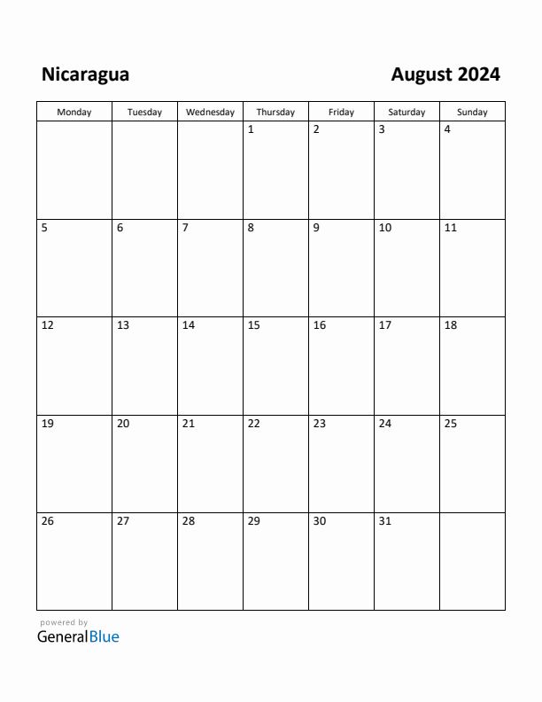 August 2024 Calendar with Nicaragua Holidays