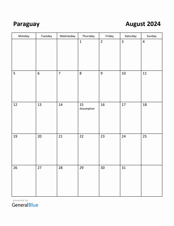 August 2024 Calendar with Paraguay Holidays