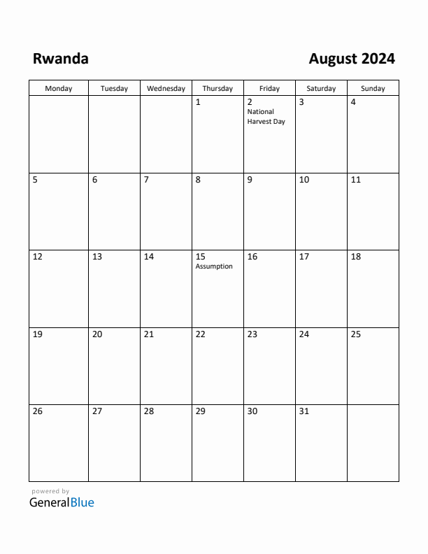 August 2024 Calendar with Rwanda Holidays