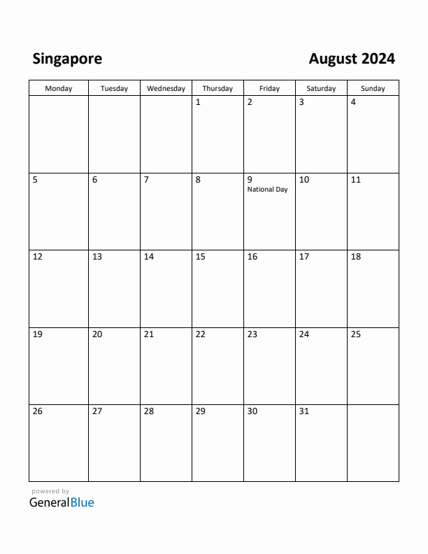 August 2024 Calendar with Singapore Holidays