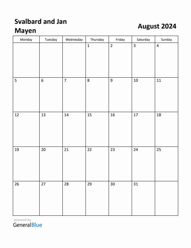 August 2024 Calendar with Svalbard and Jan Mayen Holidays