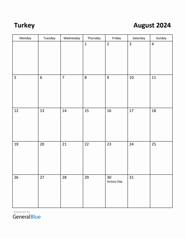 August 2024 Calendar with Turkey Holidays