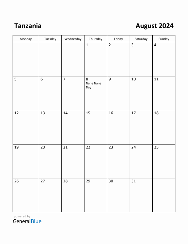 August 2024 Calendar with Tanzania Holidays