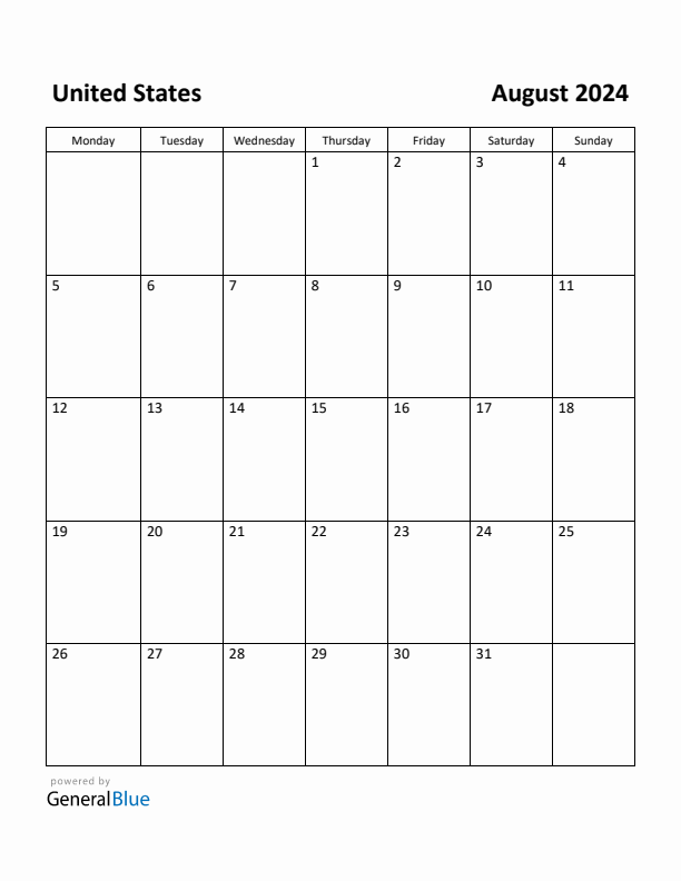 August 2024 Calendar with United States Holidays