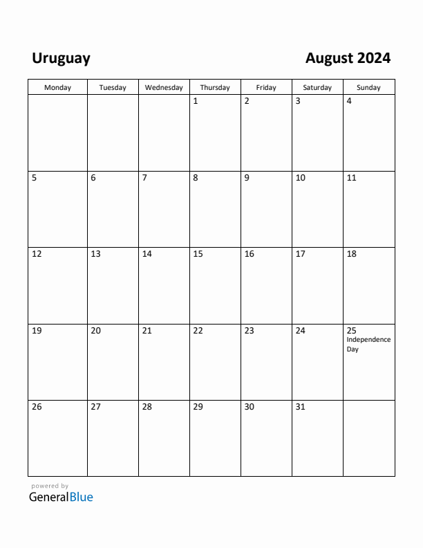 August 2024 Calendar with Uruguay Holidays