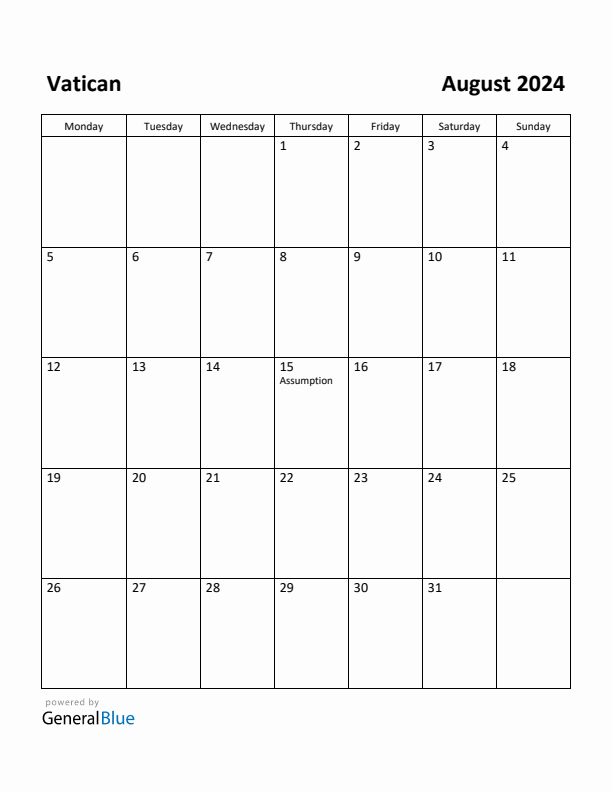 August 2024 Calendar with Vatican Holidays