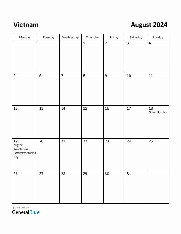 August 2024 Calendar with Vietnam Holidays