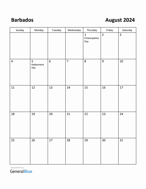 August 2024 Calendar with Barbados Holidays