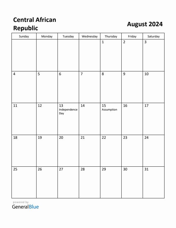 August 2024 Calendar with Central African Republic Holidays